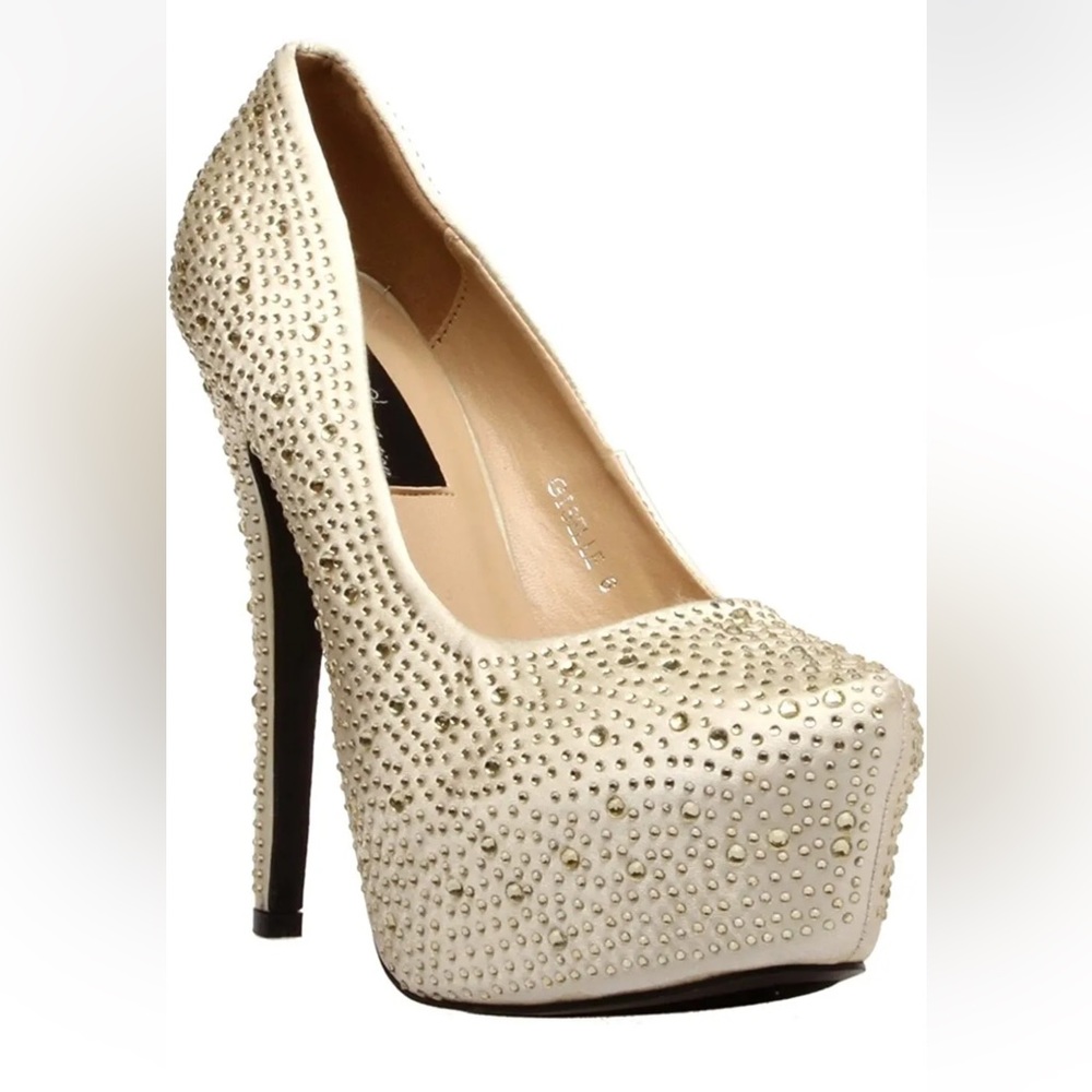 The Highest Heel Giselle Rhinestone Studded Gold Satin Shoes Platform Pumps